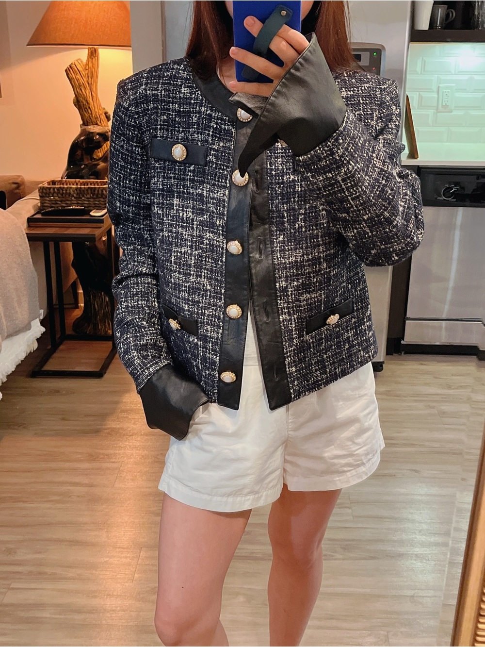 Designer Navy White Tweed & Black Leather Trim Jacket